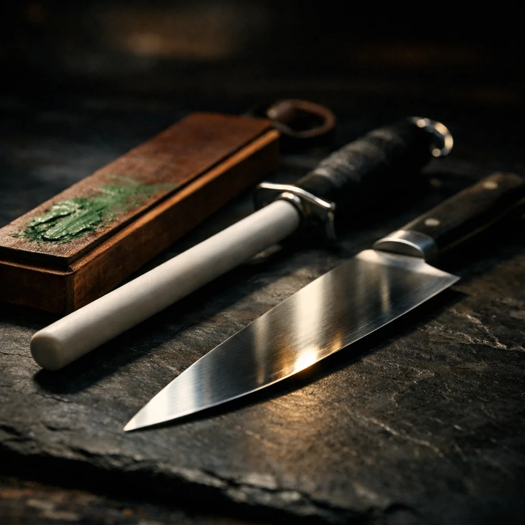 A ceramic honing rod and leather strop beside a chef's knife