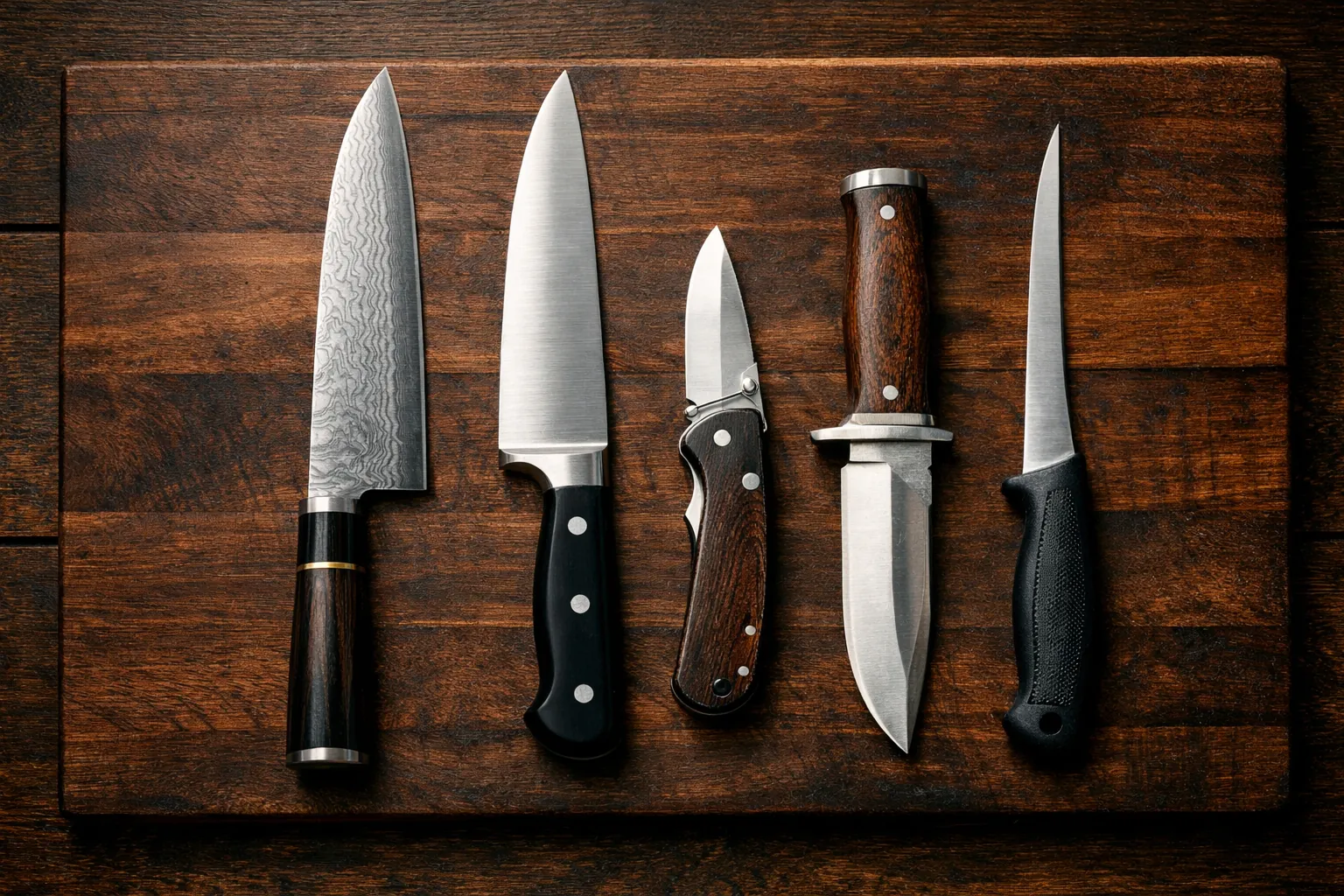 A row of different knife types on a wooden board