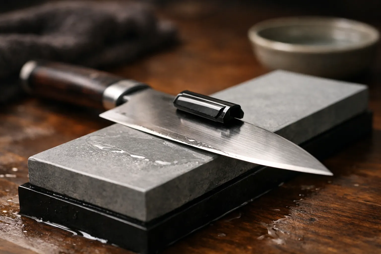 A kitchen knife on a whetstone with a clip-on angle guide on the spine