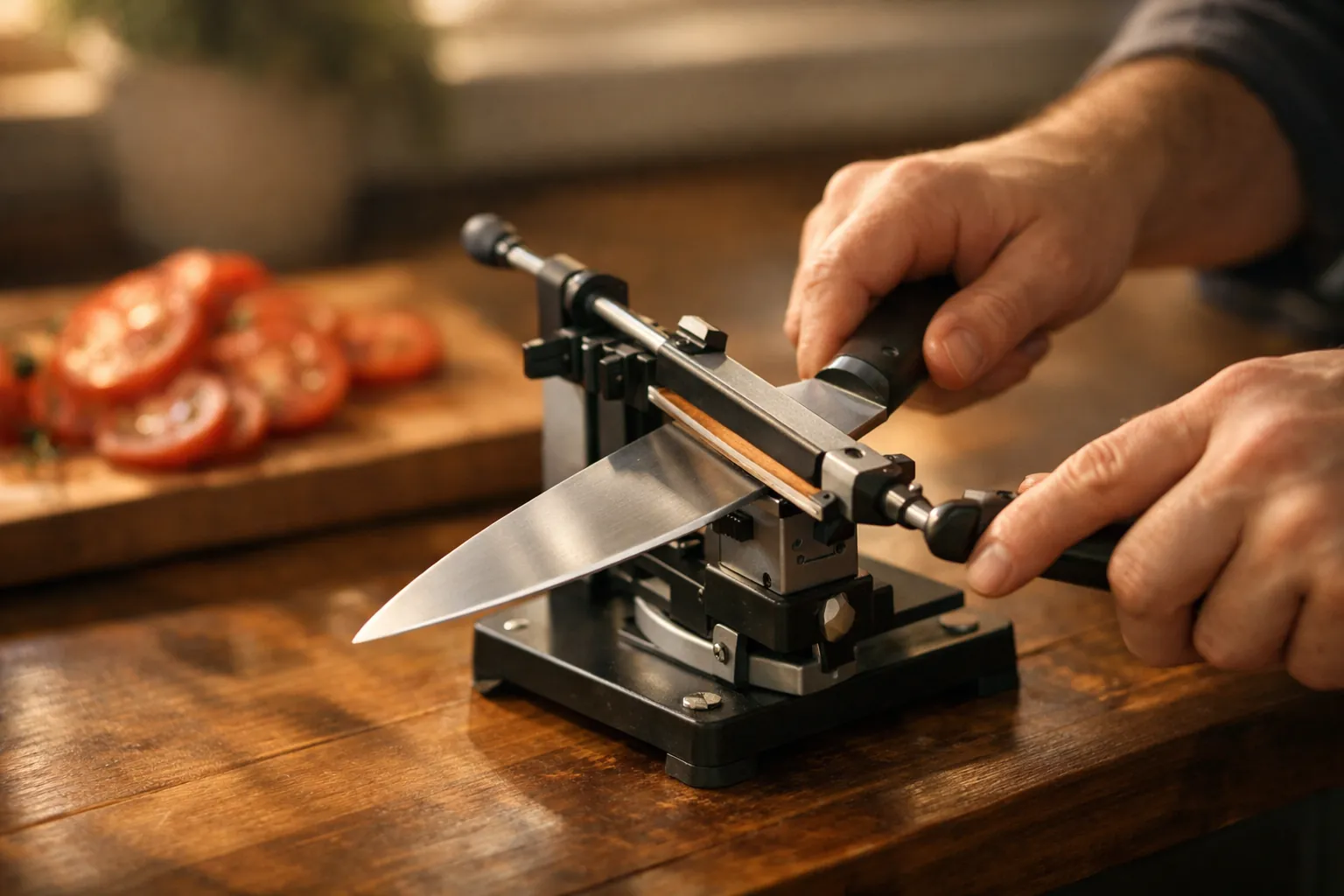 A home cook sharpening a chef's knife on a guided sharpener clamped to a kitchen counter