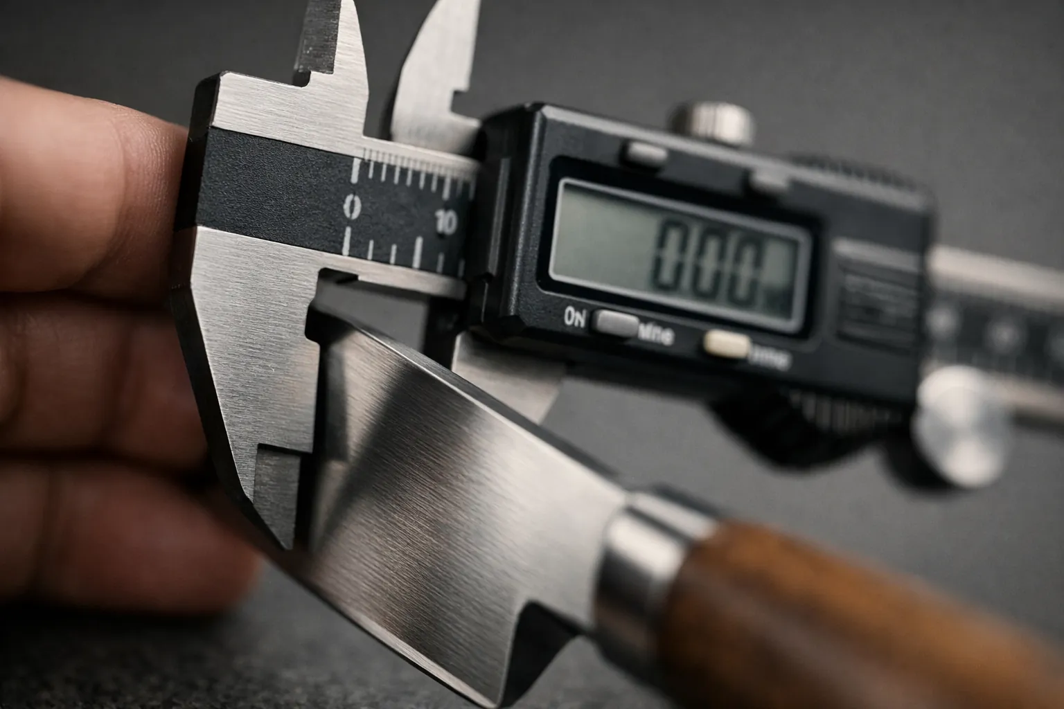 A digital caliper measuring the thickness of a knife spine