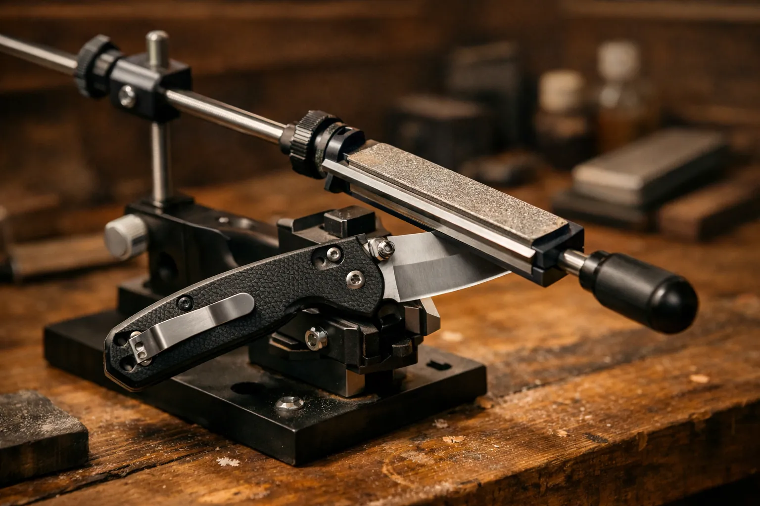 A pocket knife clamped in a guided sharpening system on a workbench