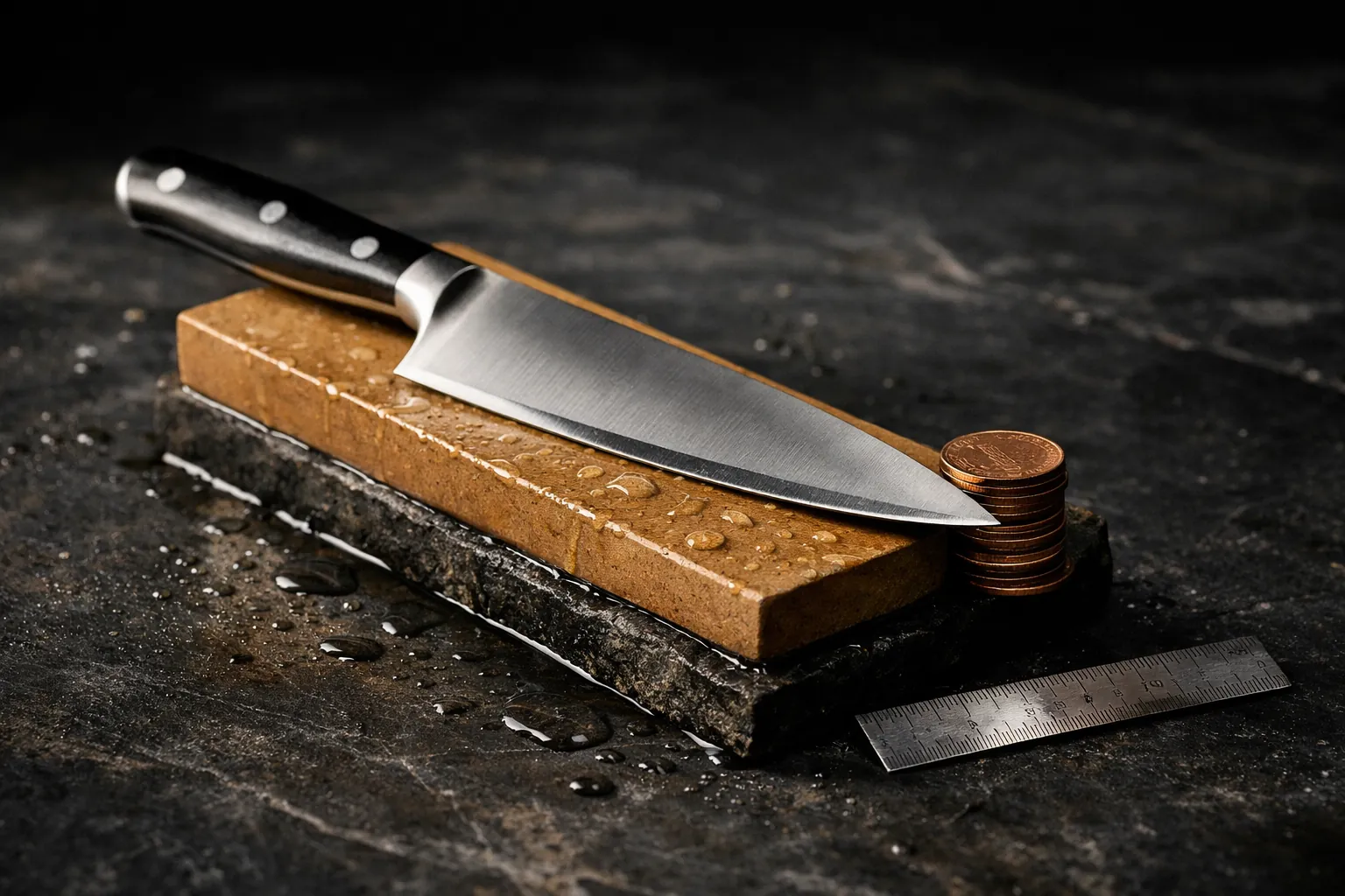 A kitchen knife resting on a whetstone with its spine raised on a small stack of coins