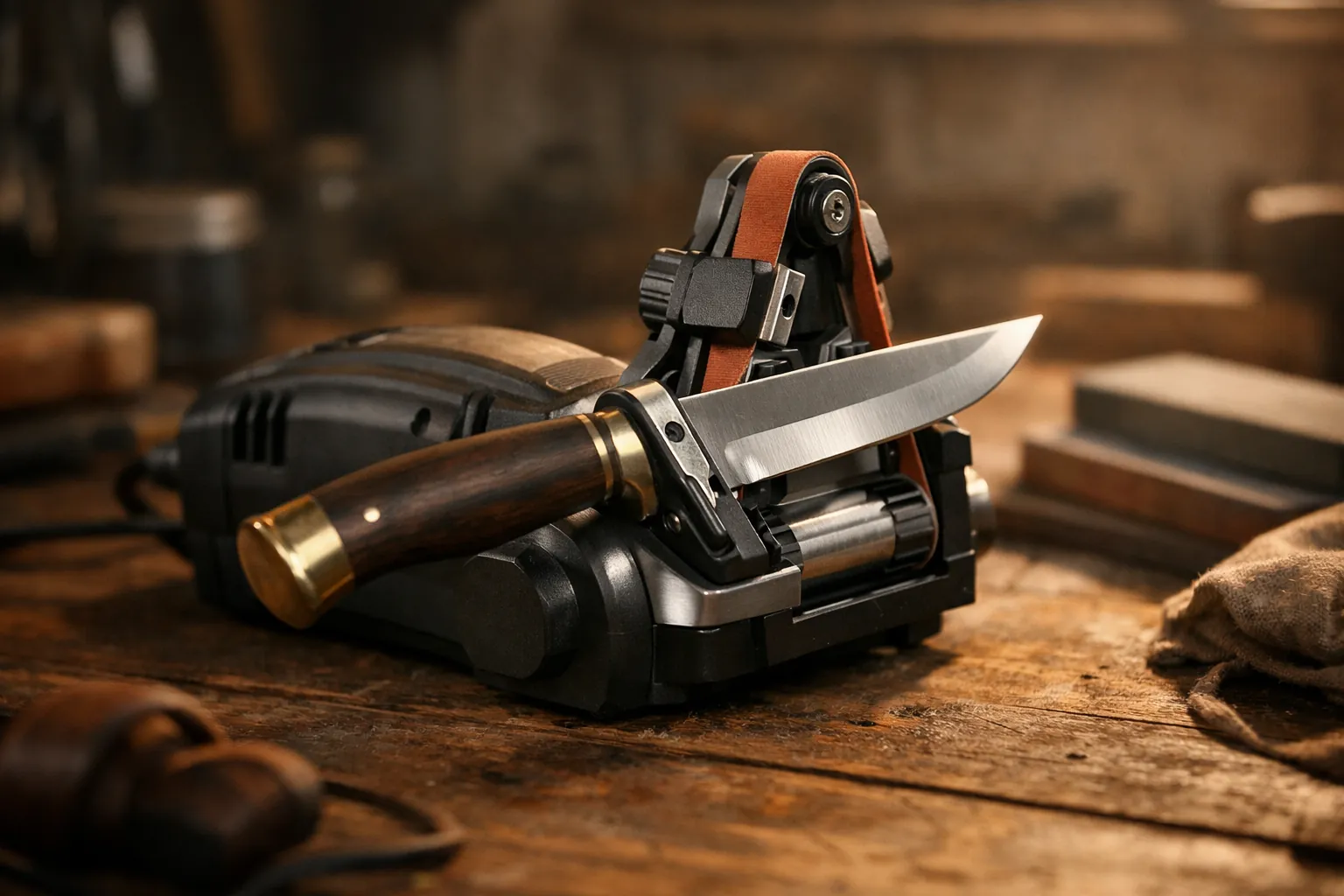 A compact belt sharpener with an angle guide and a hunting knife
