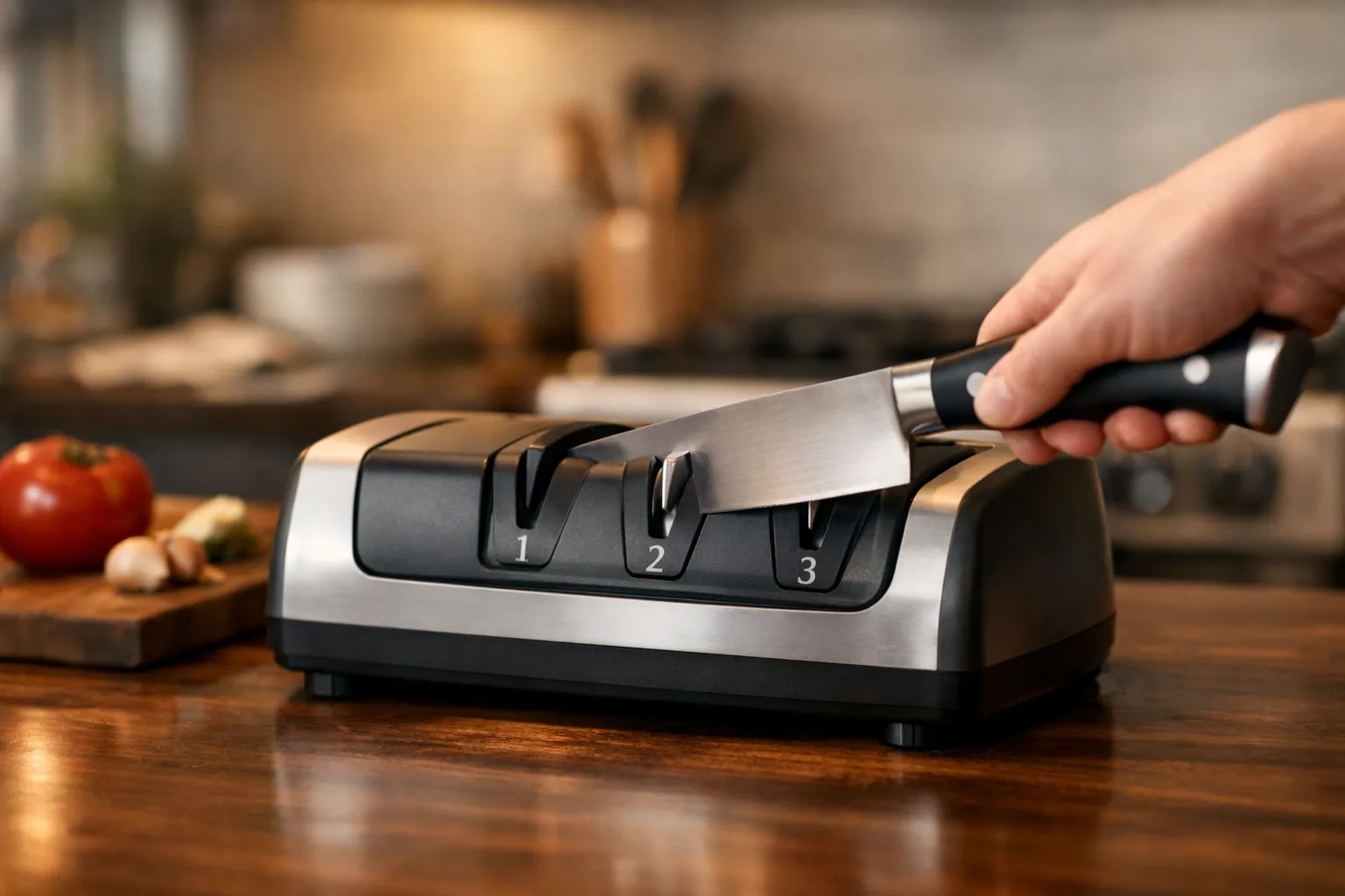 A countertop electric knife sharpener with three slots and a chef's knife on a kitchen counter