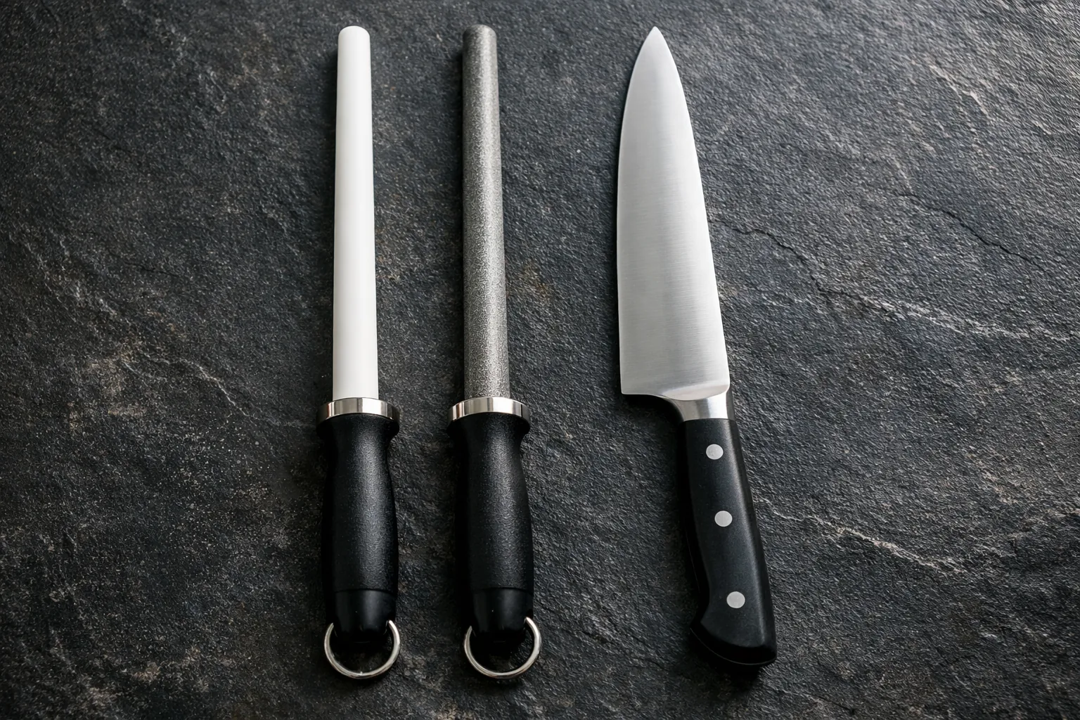 A white ceramic honing rod and a diamond honing rod beside a steel chef's knife