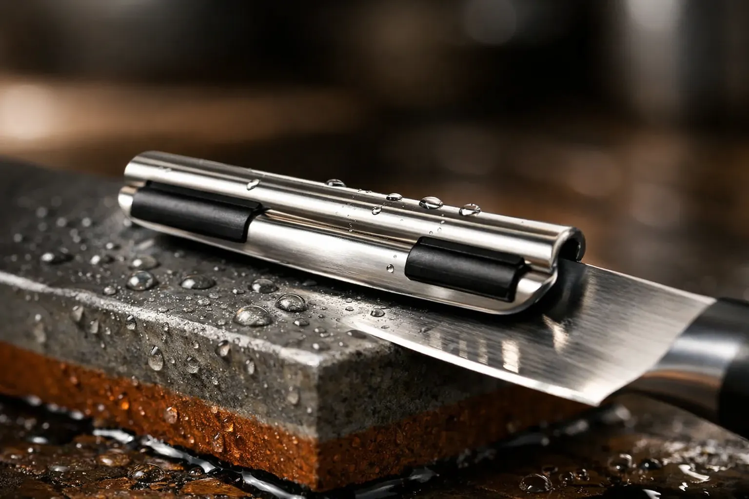 A clip-on guide rail on a knife spine resting on a whetstone