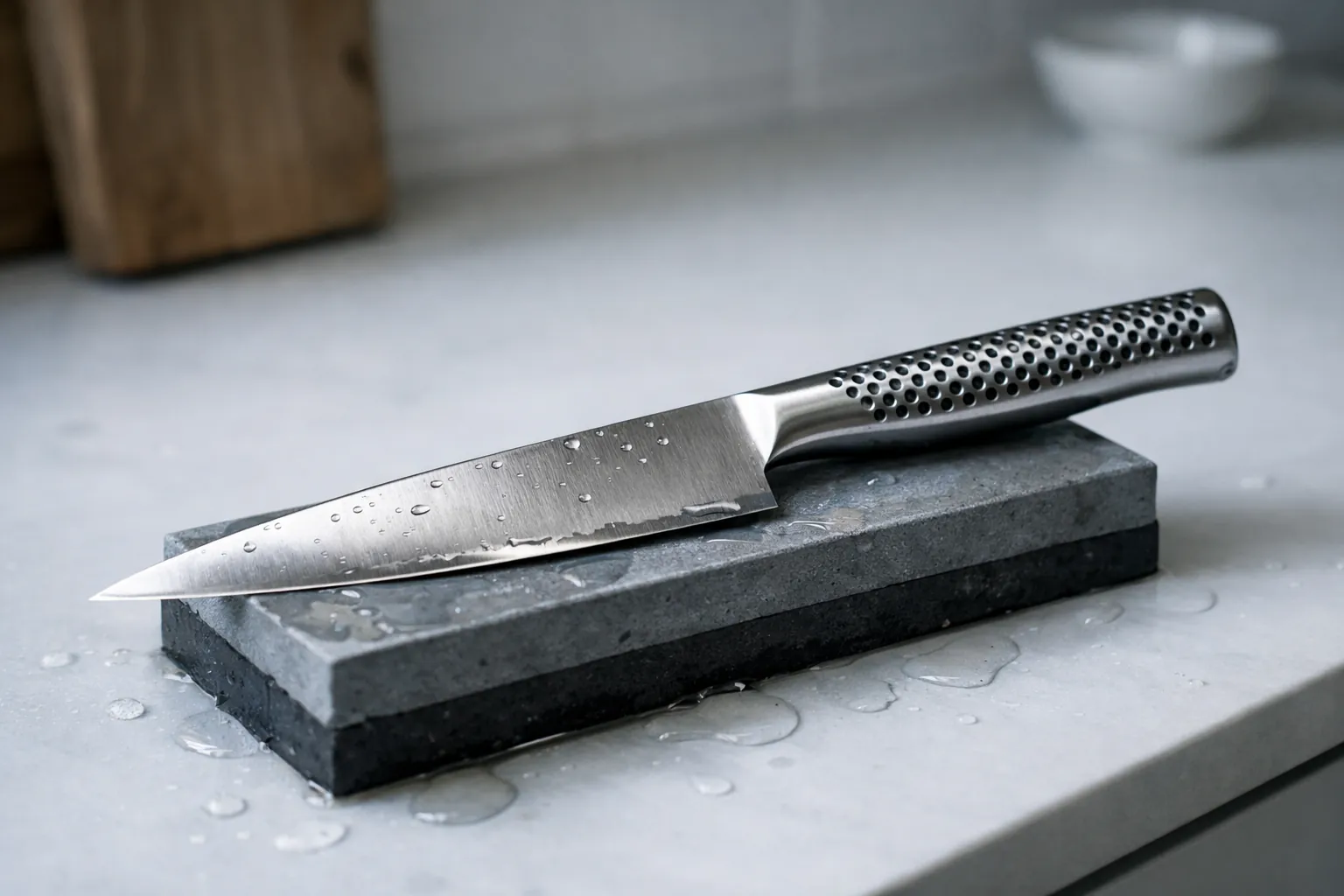 An all-steel Japanese chef's knife with a dimpled steel handle resting on a whetstone