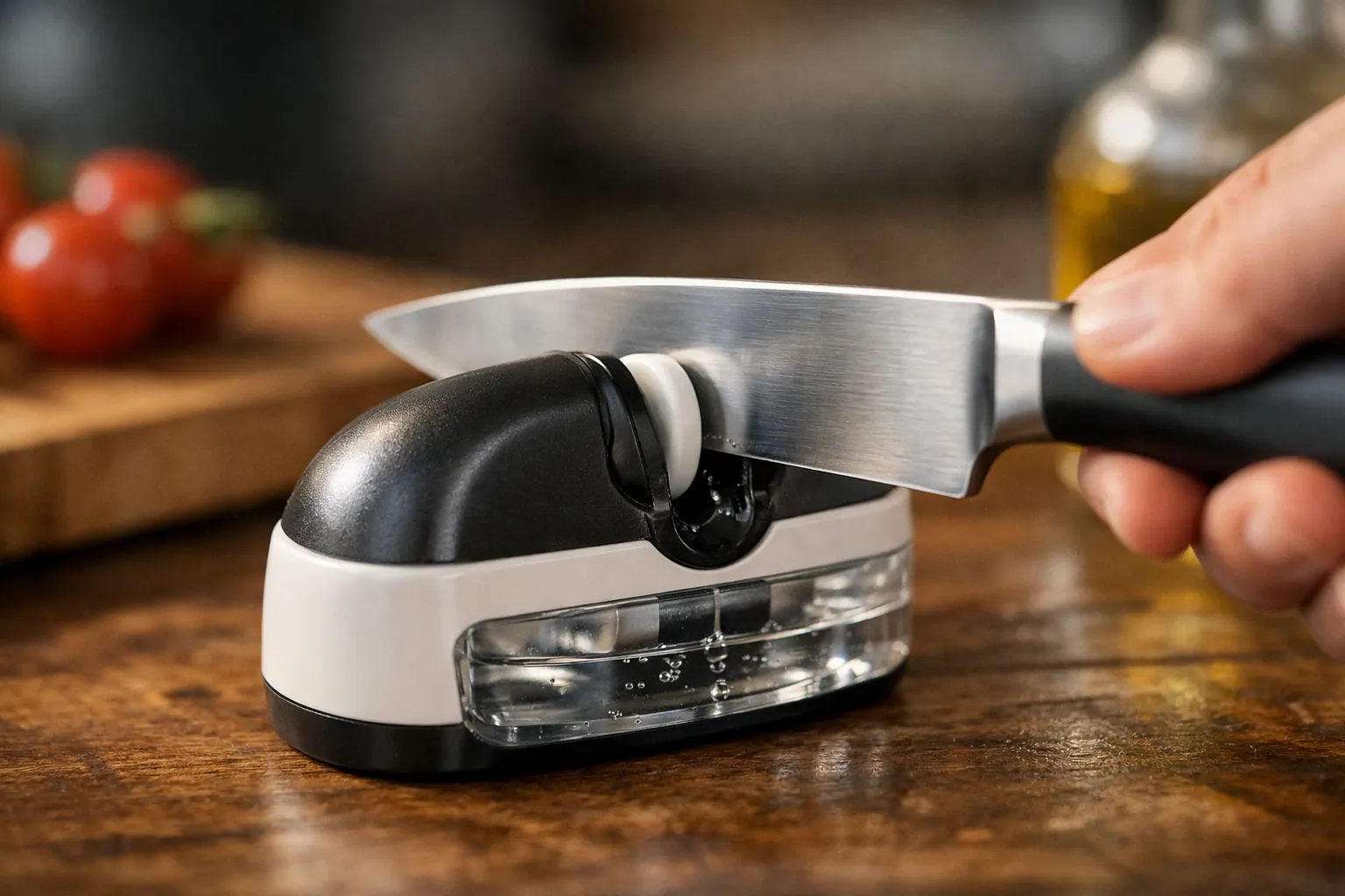 A handheld water wheel sharpener with a knife drawn through its slot