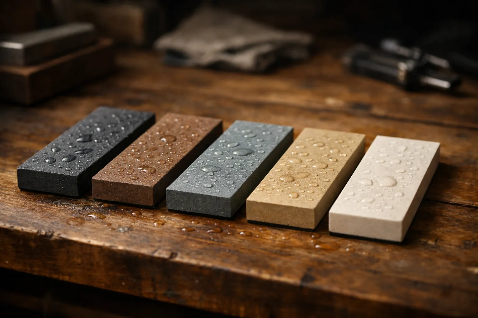 A row of whetstones in different colors arranged from coarse to fine on a wooden bench