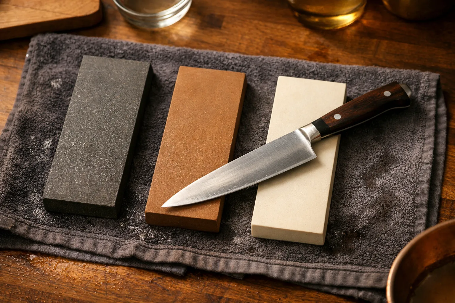 Three whetstones of increasing fineness with a chef's knife