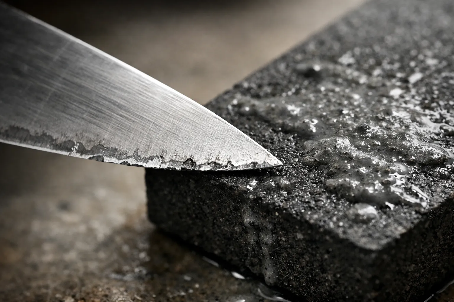 A chipped knife edge beside a coarse whetstone with slurry