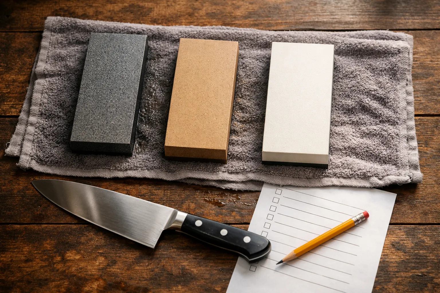 Three whetstones of increasing fineness lined up next to a printed checklist and a chef's knife
