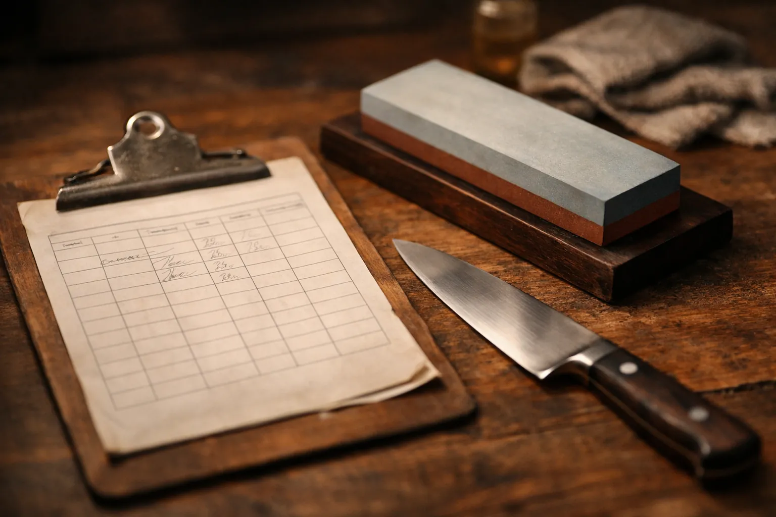 A printed sharpening log on a clipboard beside a whetstone