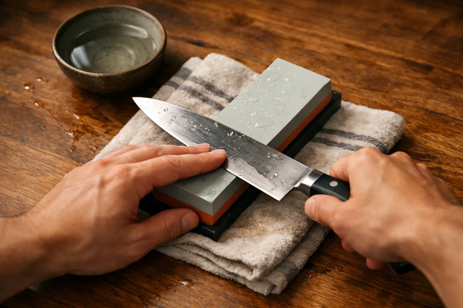 Hands sharpening a chef's knife on a wet whetstone set on a damp towel