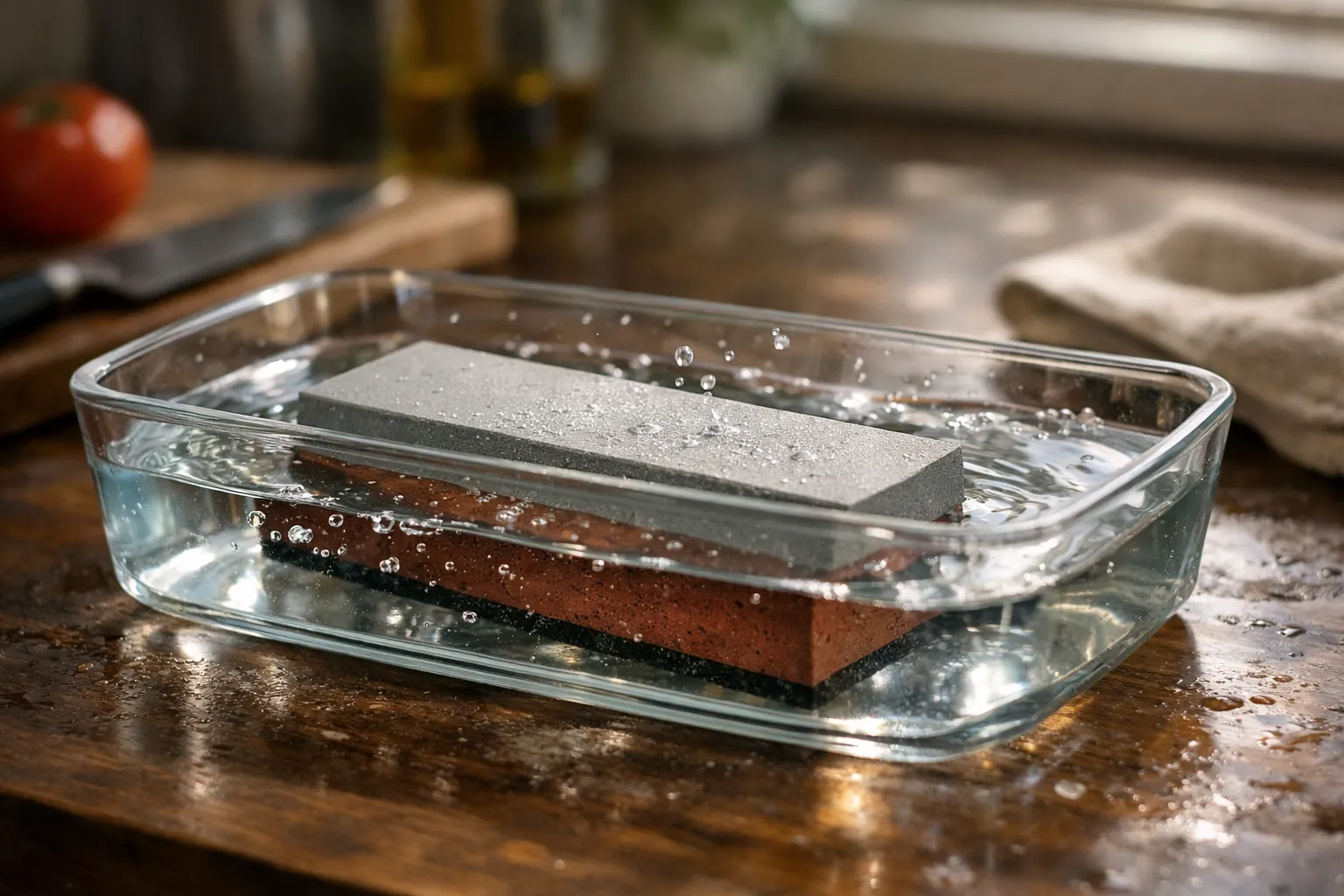 A whetstone soaking in a dish of water with bubbles rising