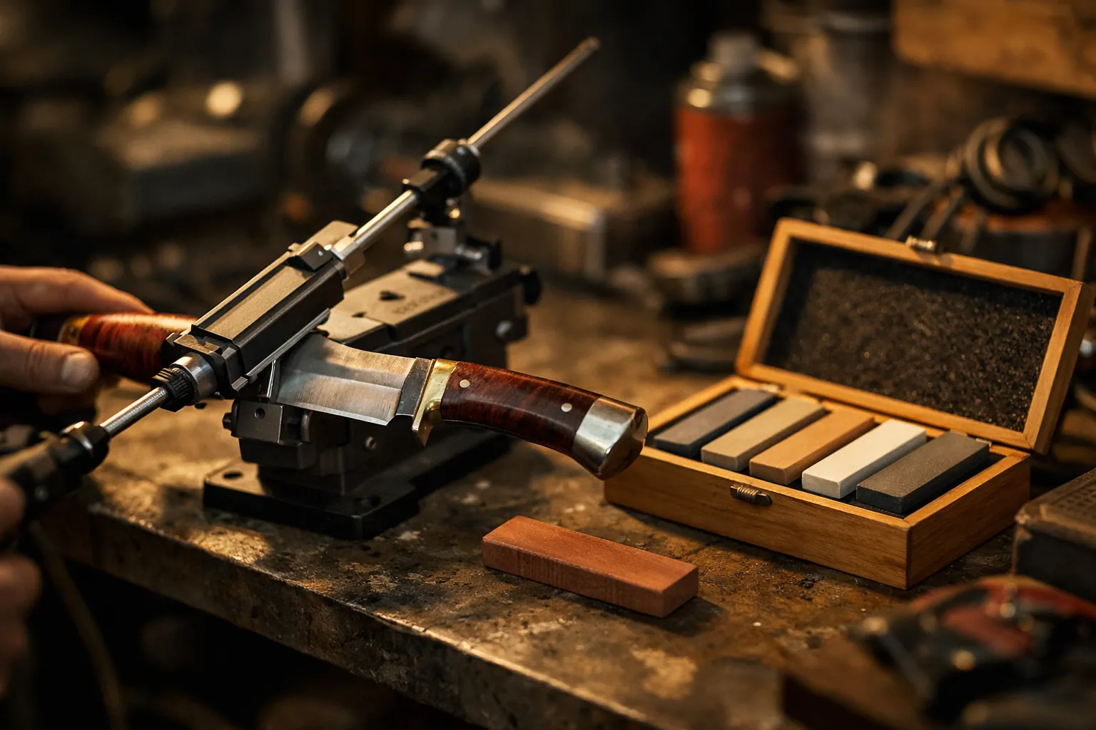 A hunting knife clamped in a guided sharpening system on a workbench