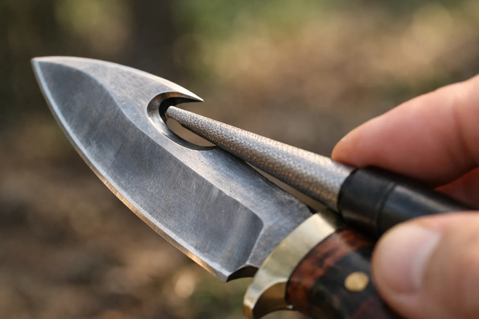 A tapered rod sharpening the inside of a gut hook