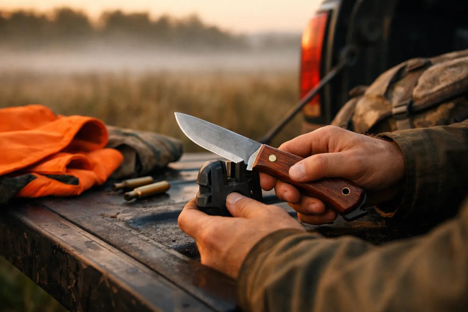 A fixed-blade hunting knife being touched up on a compact field sharpener on a tailgate at dawn