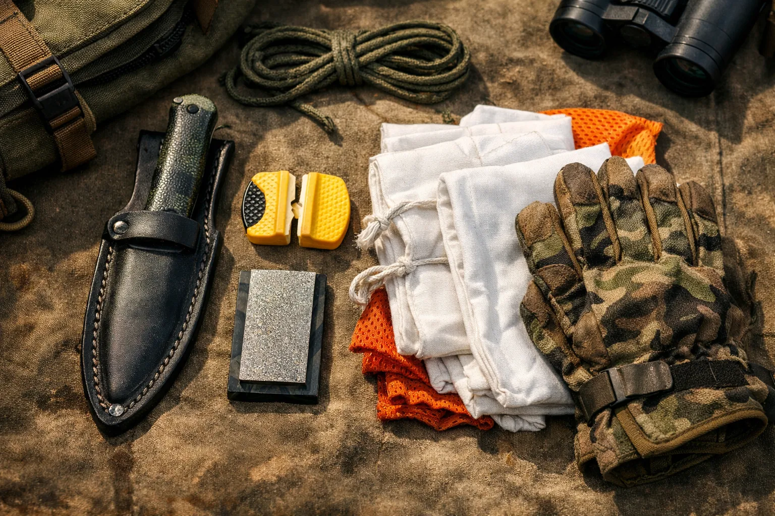 A hunting daypack's contents with a knife, a small pull-through sharpener and a diamond stone