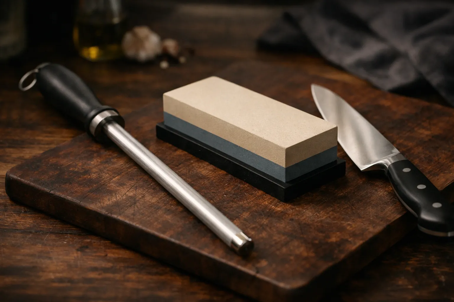 A steel honing rod and a whetstone side by side with a chef's knife on a cutting board
