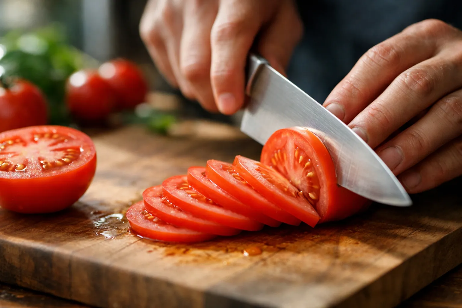 A chef's knife slicing a tomato thinly