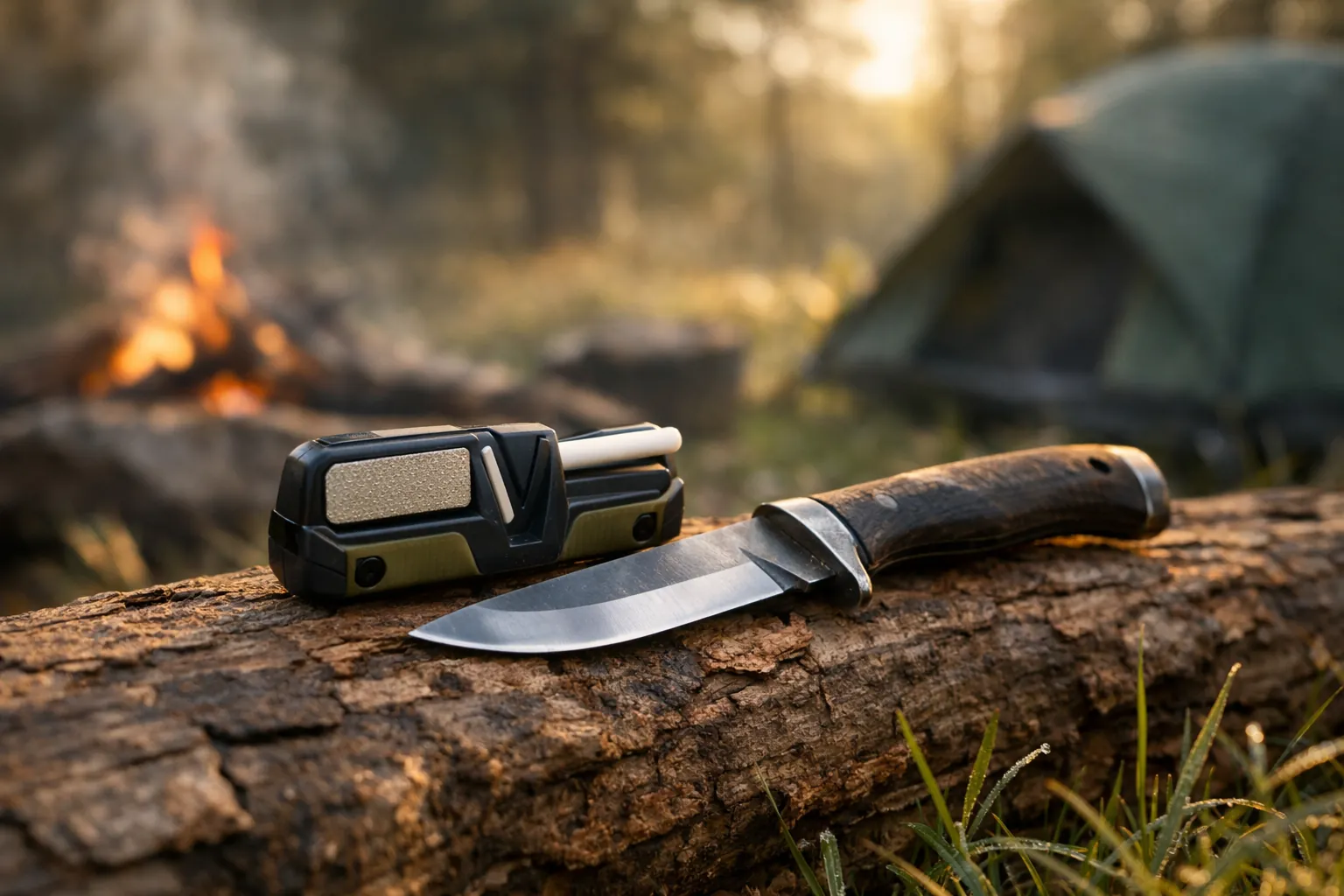 A handheld field sharpener beside a hunting knife at a campsite