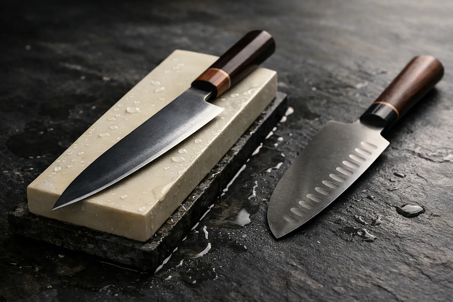 A Japanese gyuto knife resting on a fine water whetstone beside a santoku