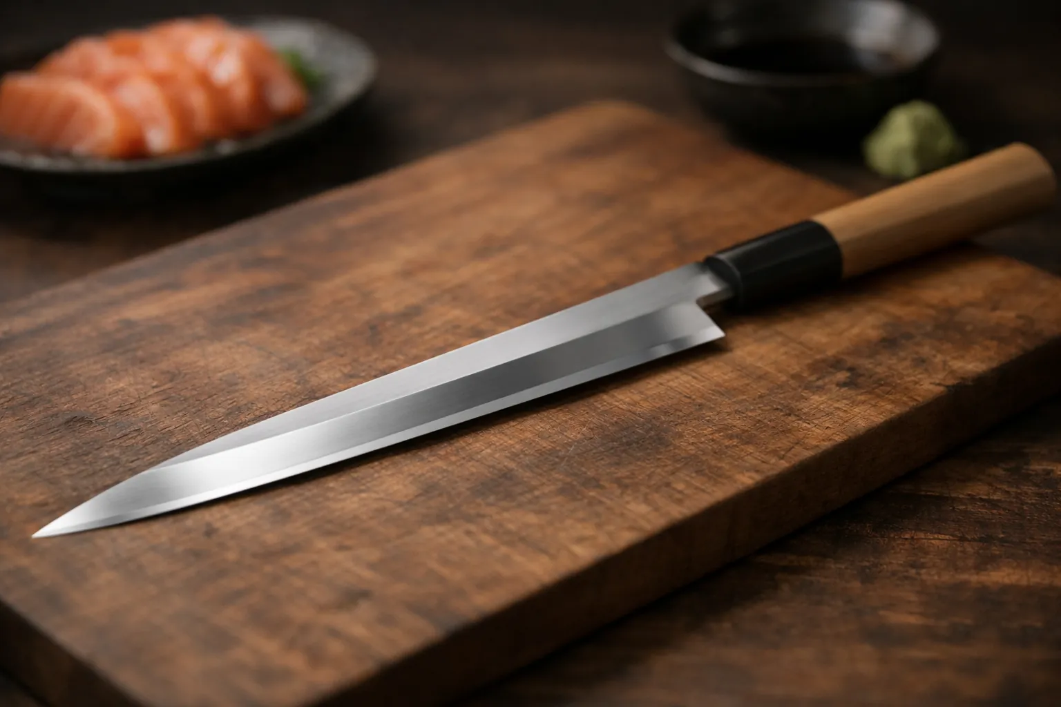 A single-bevel Japanese yanagiba knife on a wooden board