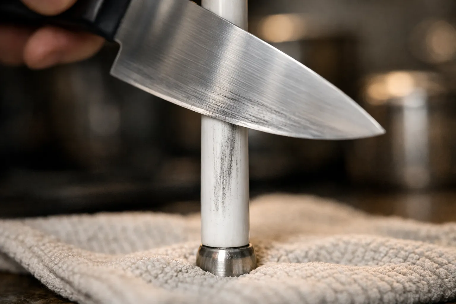 A knife edge being drawn down a white ceramic honing rod