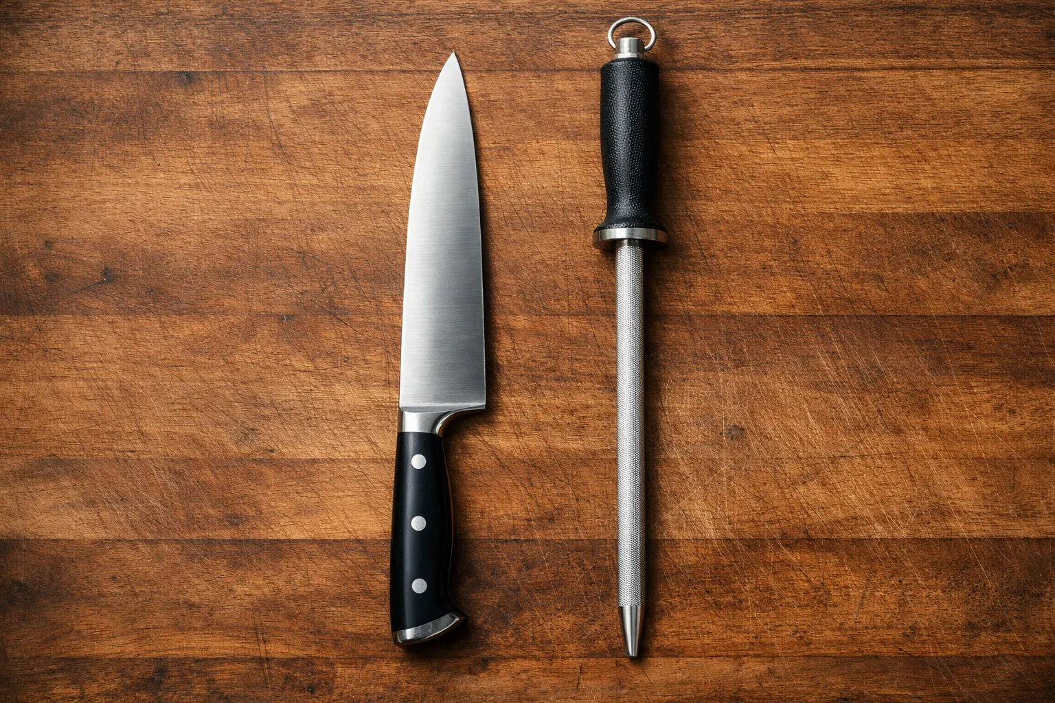 A chef's knife next to a longer honing rod
