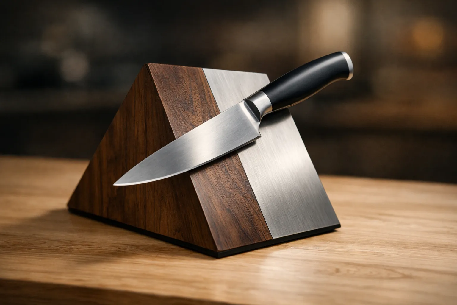 A magnetic angle block with two angled faces holding a knife