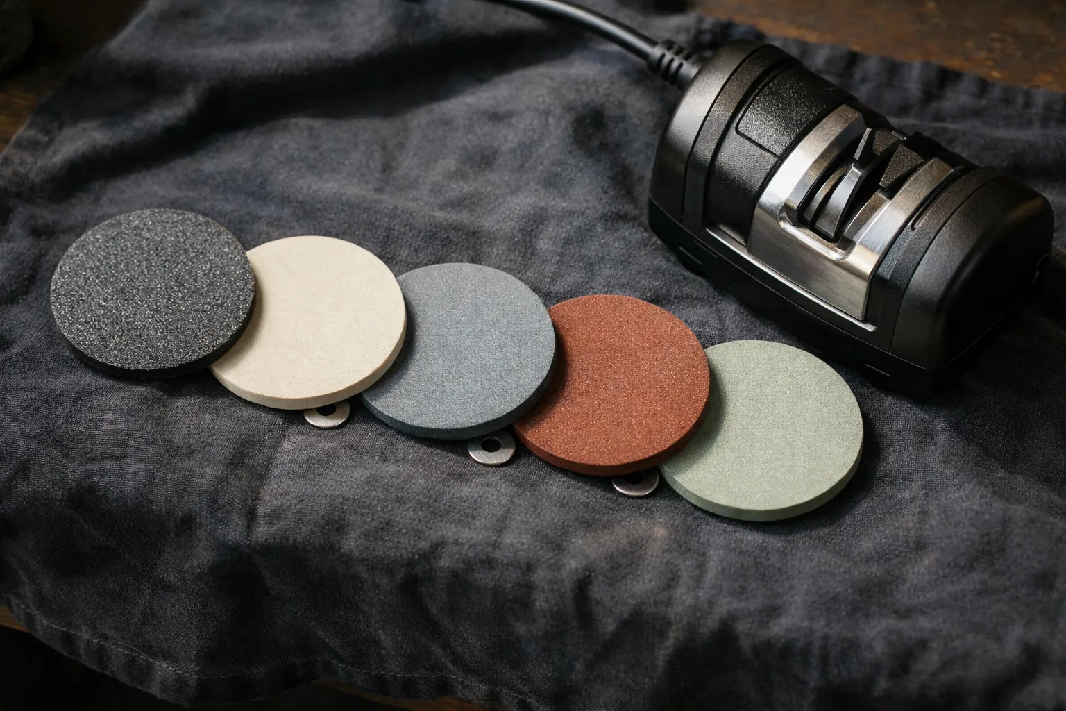 Interchangeable sharpening discs of different grits laid out in a row