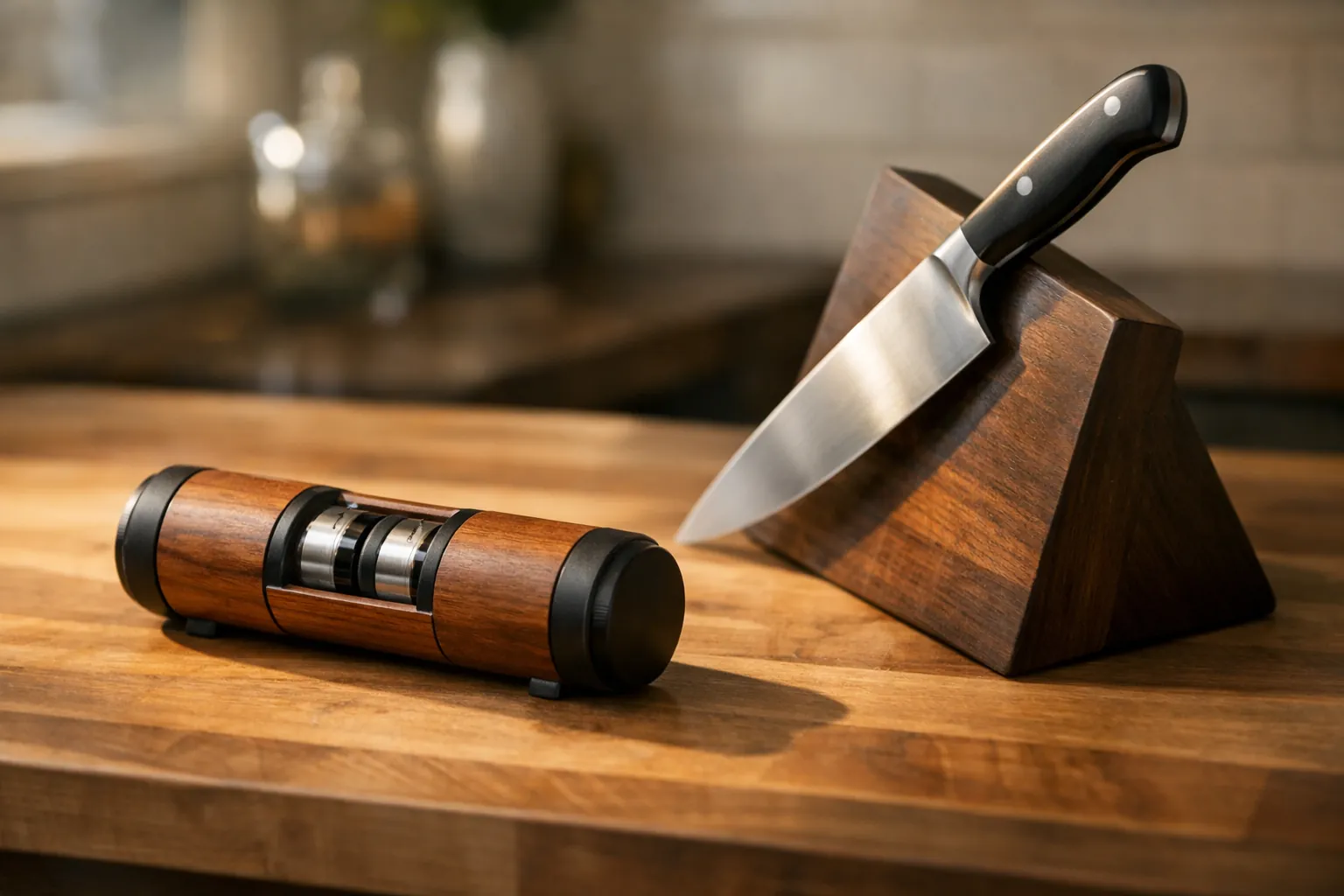 A wooden rolling knife sharpener next to a magnetic angle block holding a chef's knife on a kitchen counter