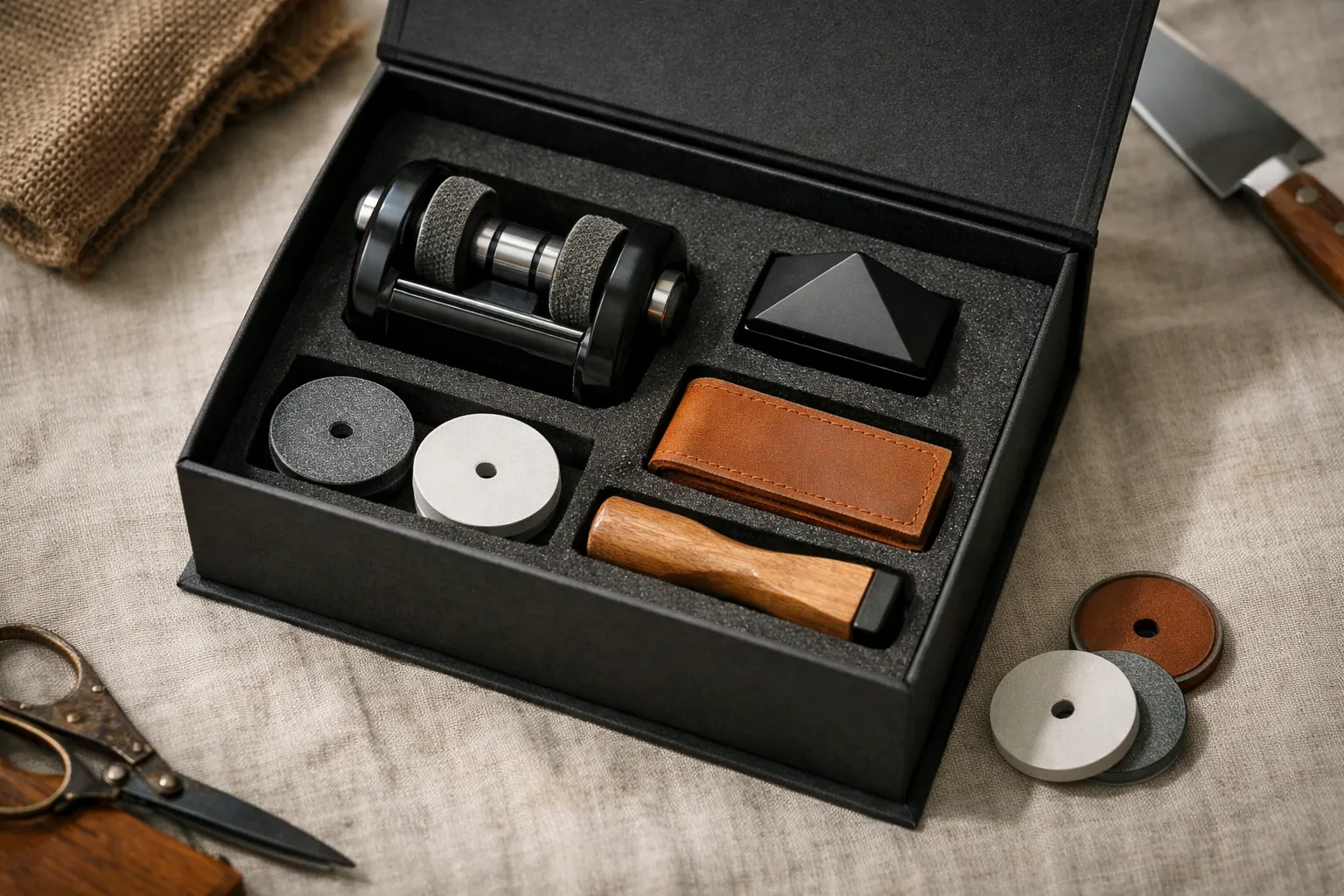 A rolling sharpener kit in a gift box with a strop and spare discs