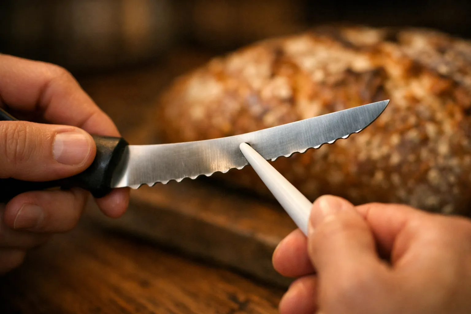 A serrated bread knife being sharpened with a thin tapered ceramic rod