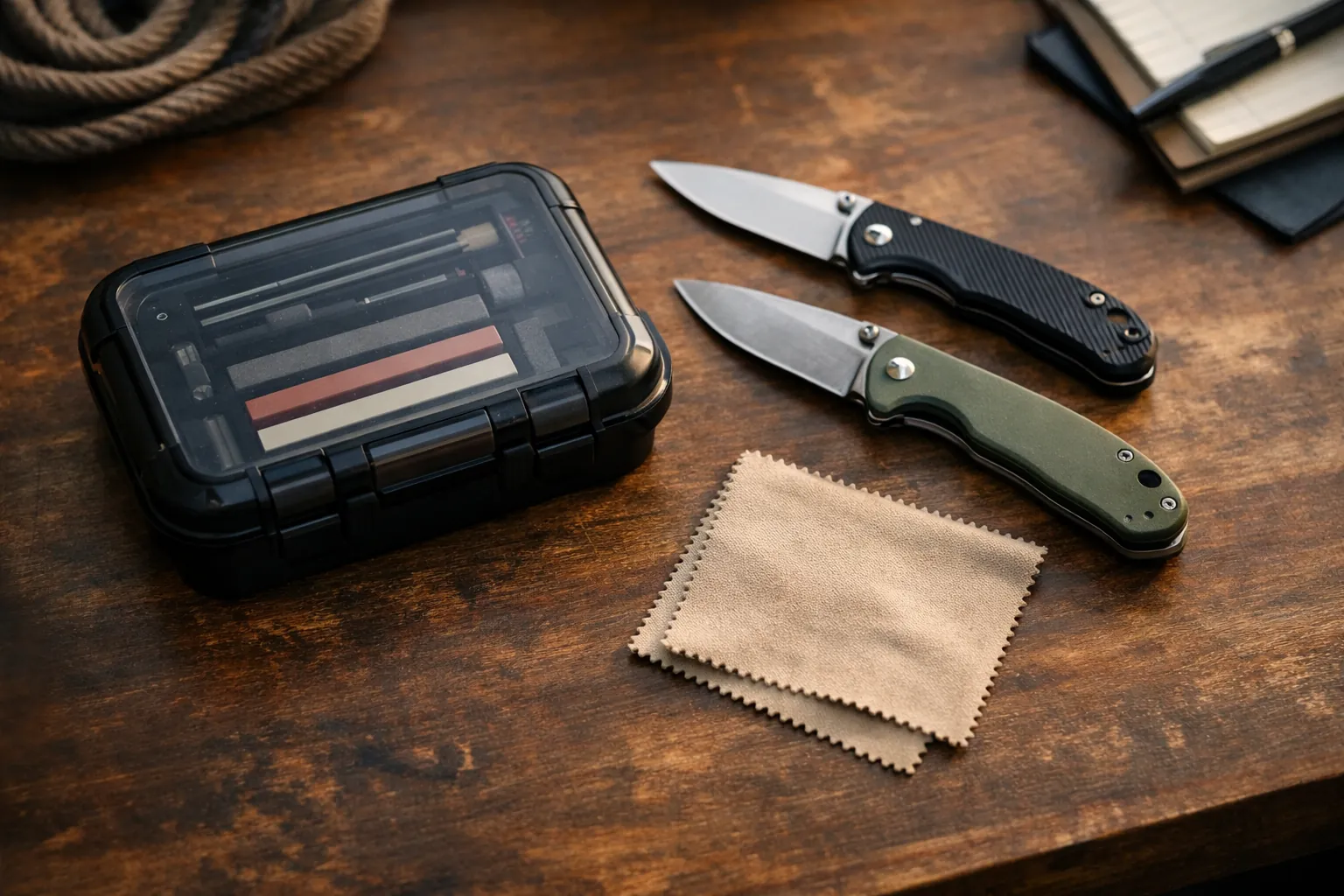 A closed compact sharpening kit case next to folding knives