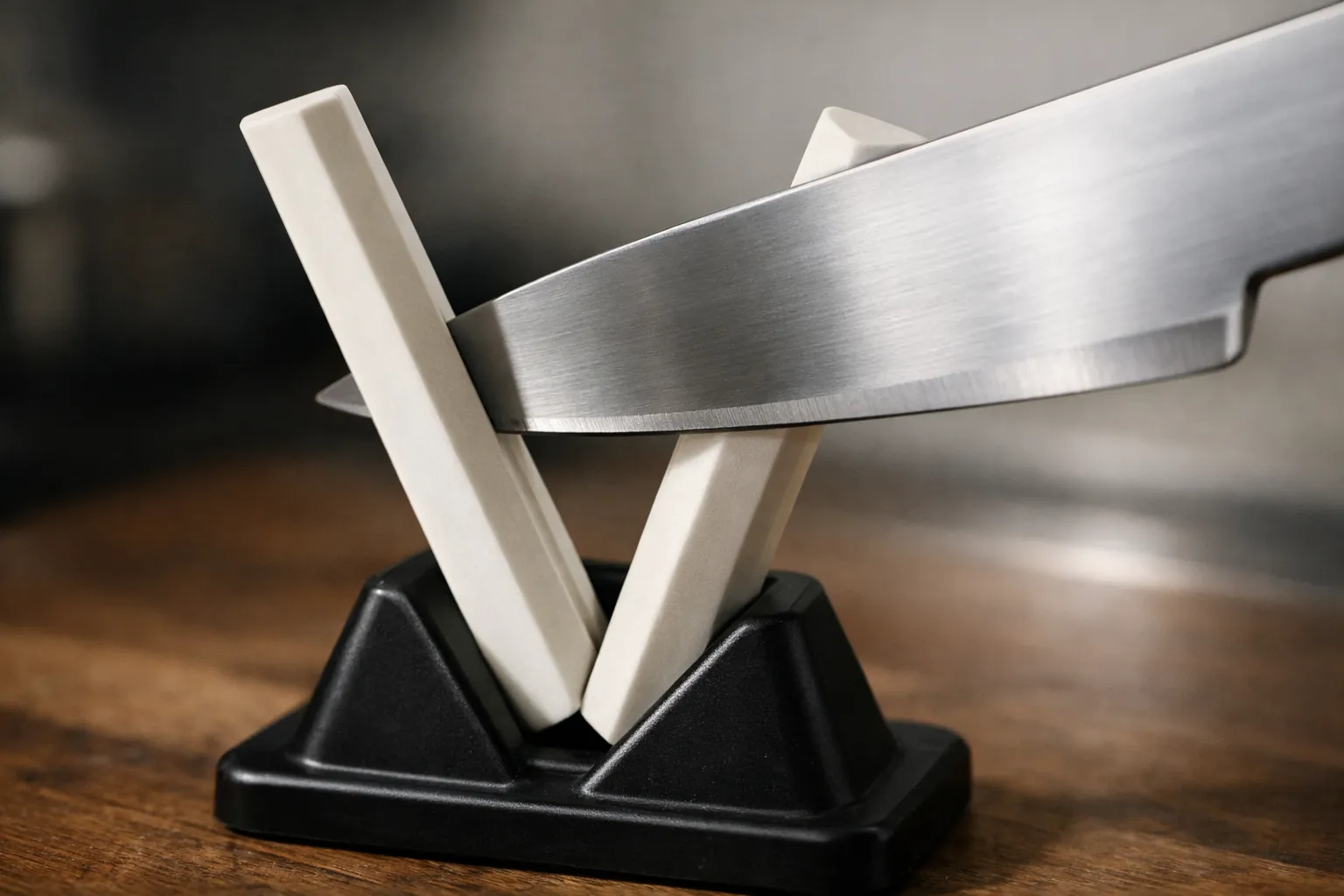 Triangular ceramic rods turned flat side in with a knife blade on one face
