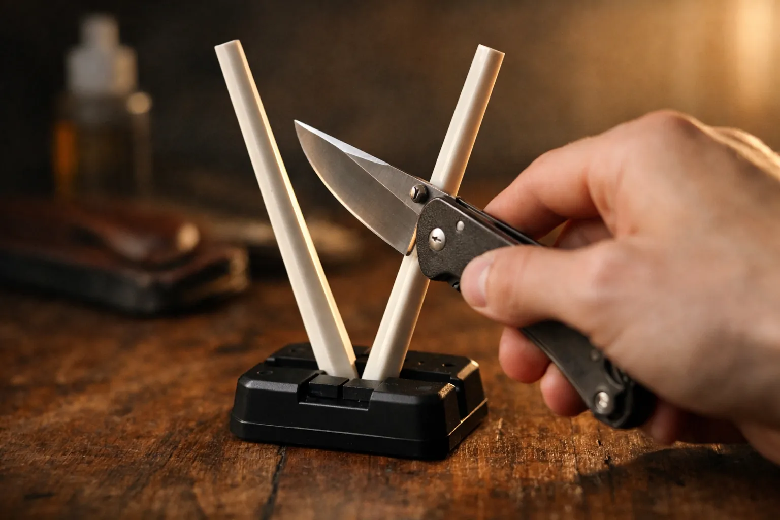 Two triangular ceramic sharpening rods set in a V shape in a plastic base, with a folding knife being drawn down one rod