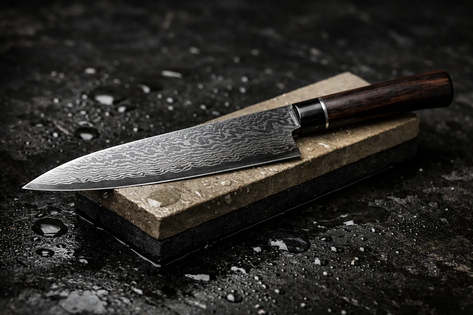 A Japanese chef's knife with a layered steel blade resting on a whetstone