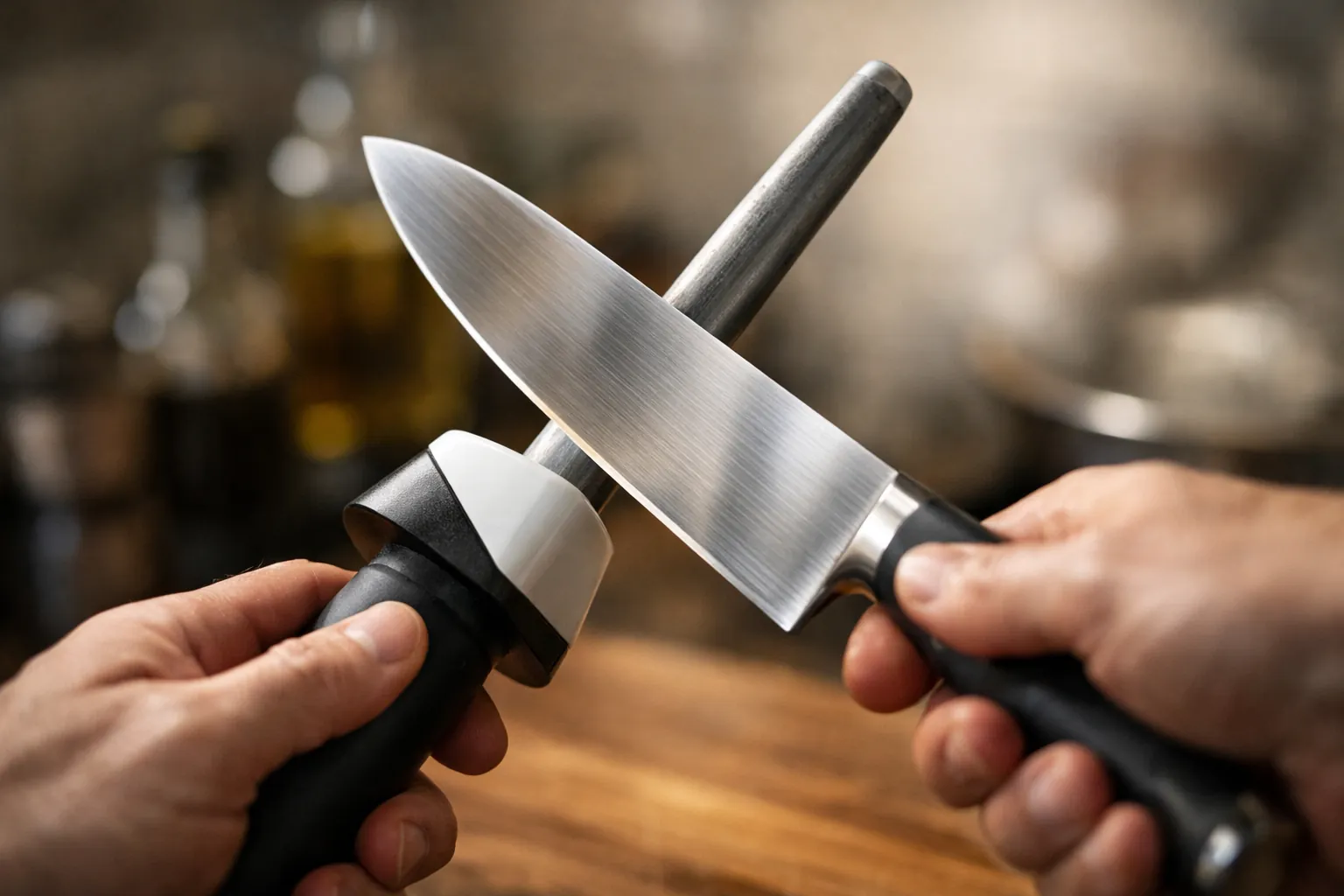 A knife blade resting against a honing steel with an angled guide collar