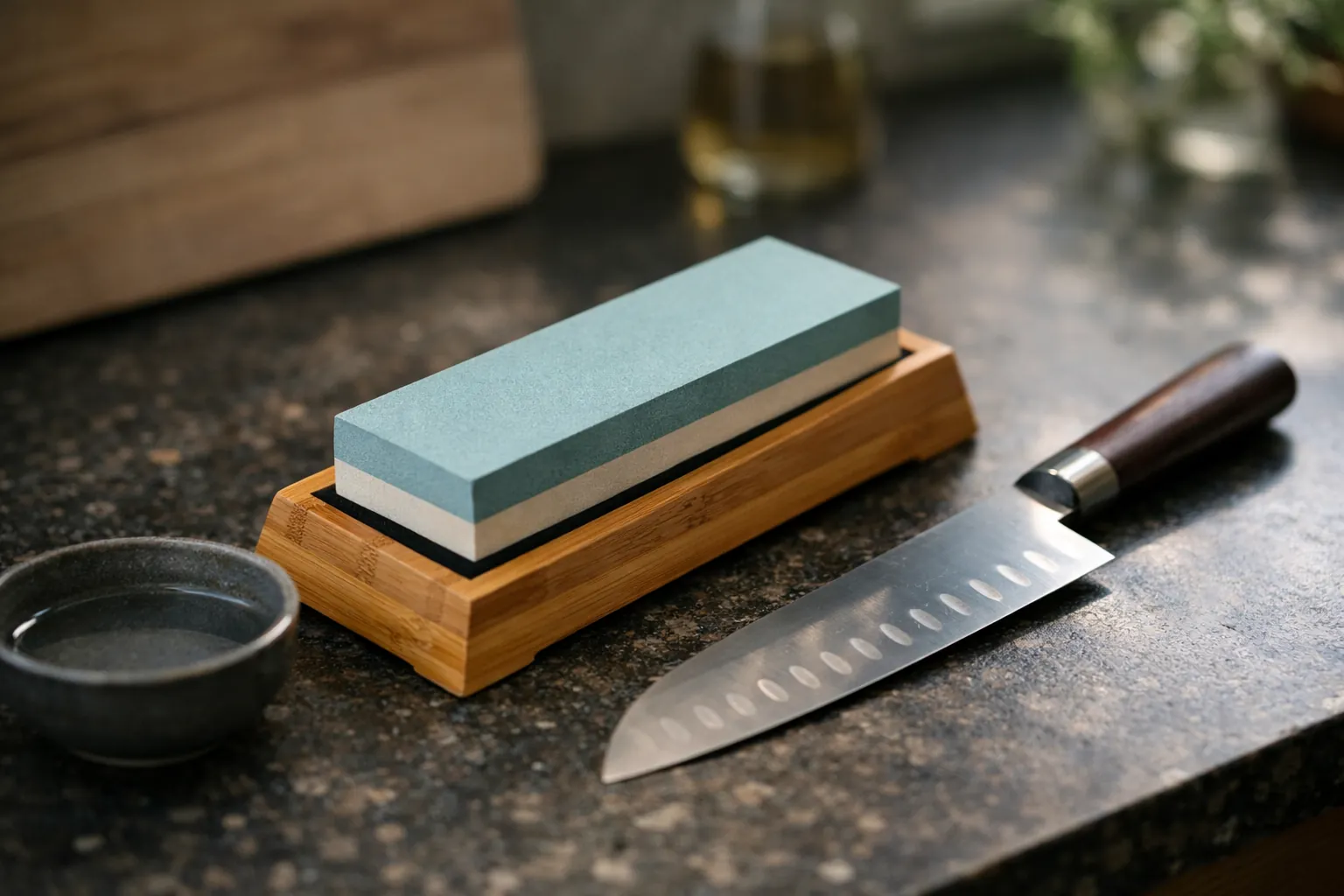 A whetstone on an angled bamboo stand beside a santoku and a water bowl
