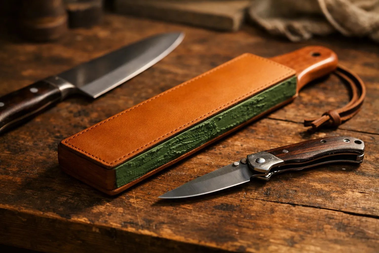 A double-sided leather paddle strop with green compound beside a chef's knife and a pocket knife