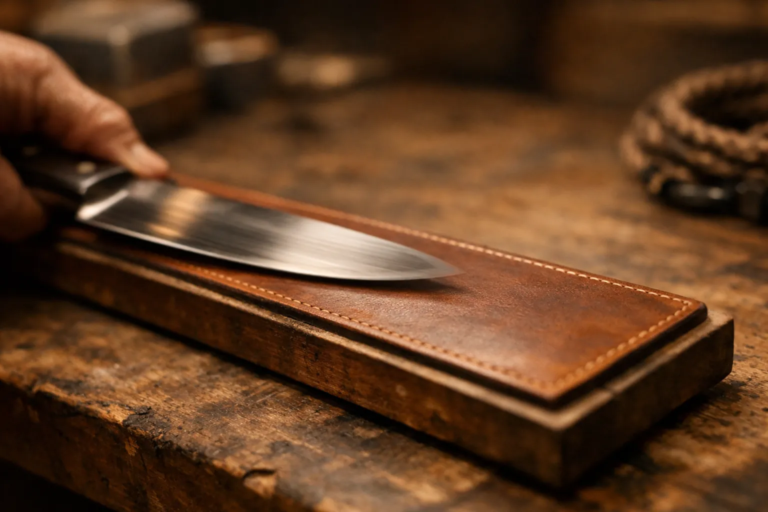 A knife being drawn spine-first across a leather strop