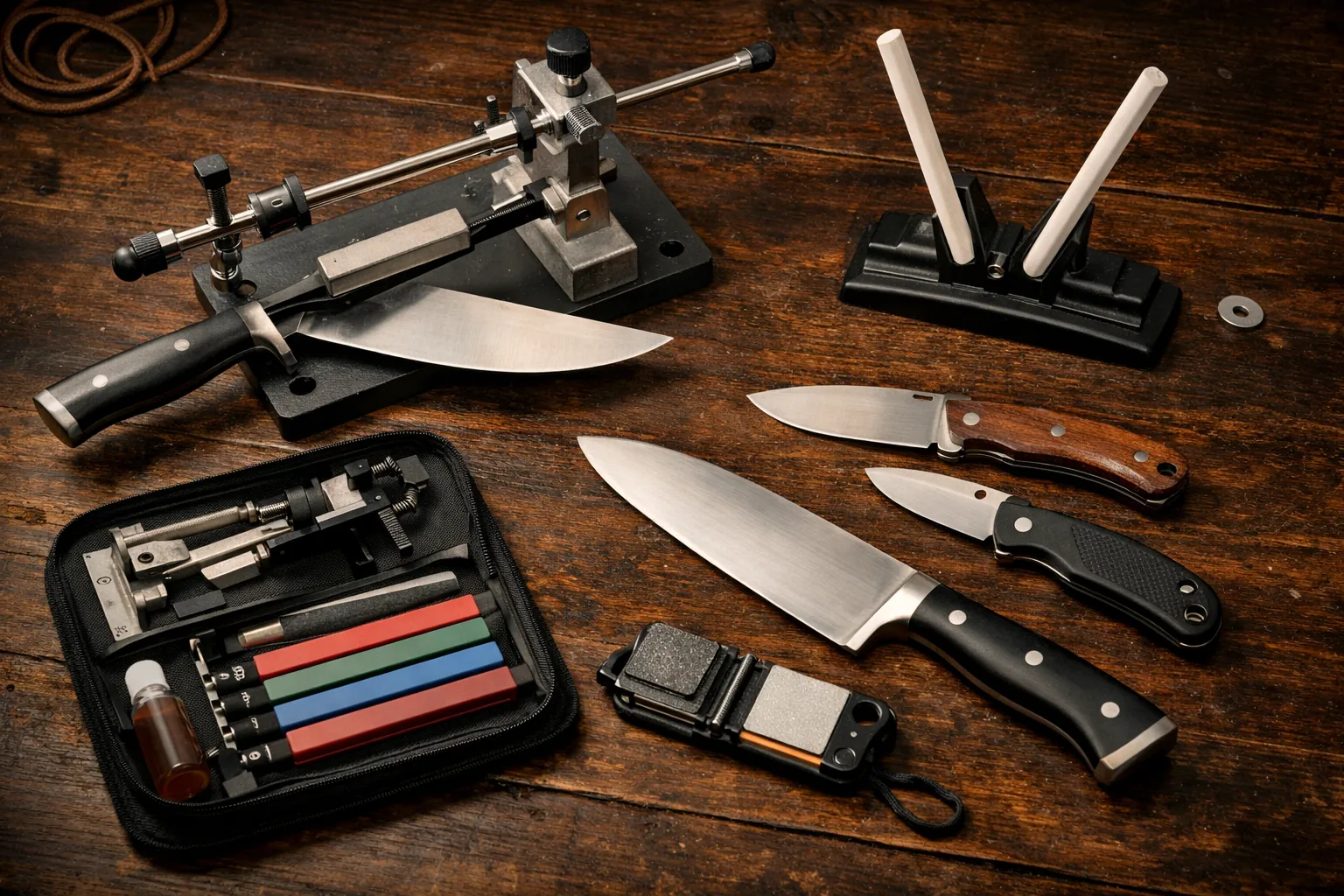 Several guided knife sharpening systems arranged on a workbench with kitchen and pocket knives