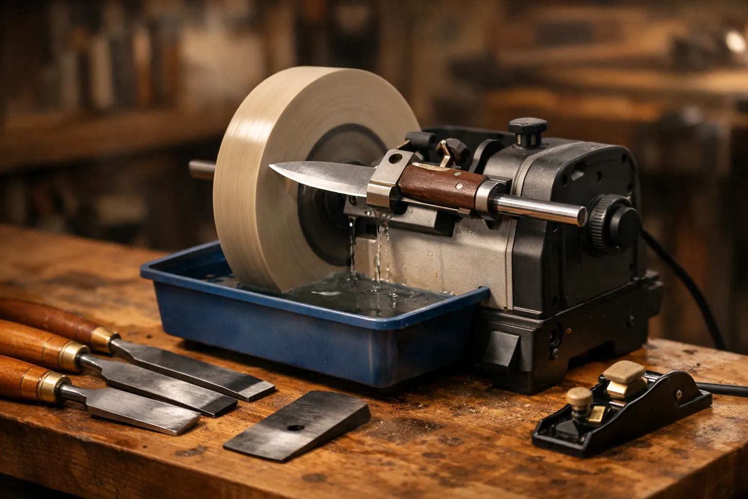 A water-cooled sharpening machine with chisels and a plane iron