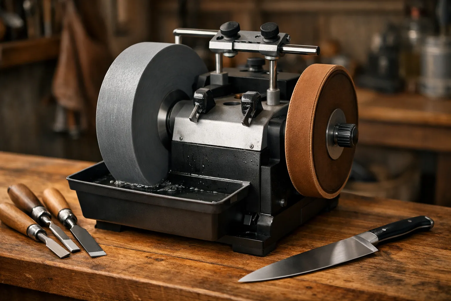 A slow-turning water-cooled sharpening machine with a large gray grinding wheel and a leather honing wheel on a workshop bench