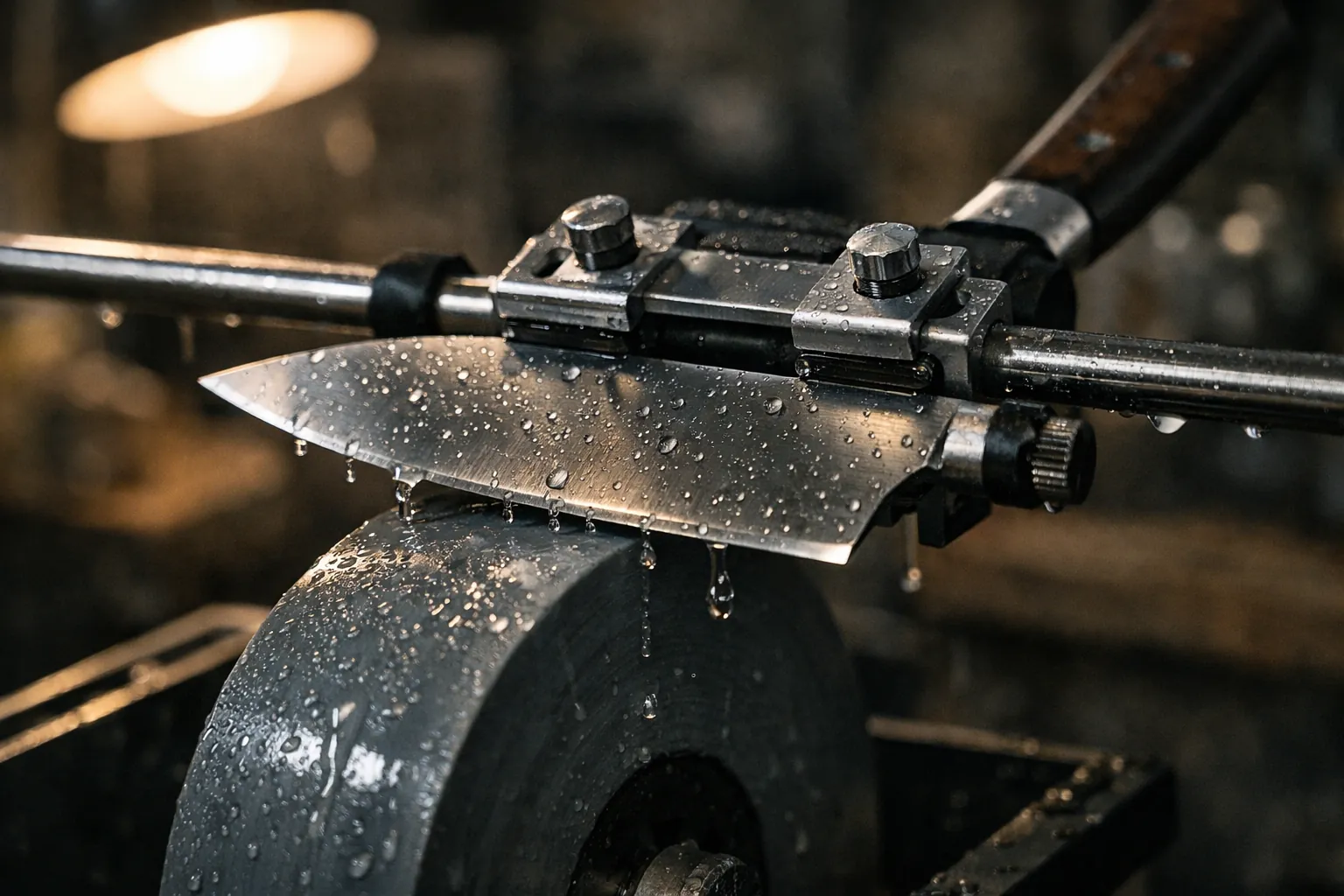 A kitchen knife clamped in a jig above a water-cooled grinding wheel