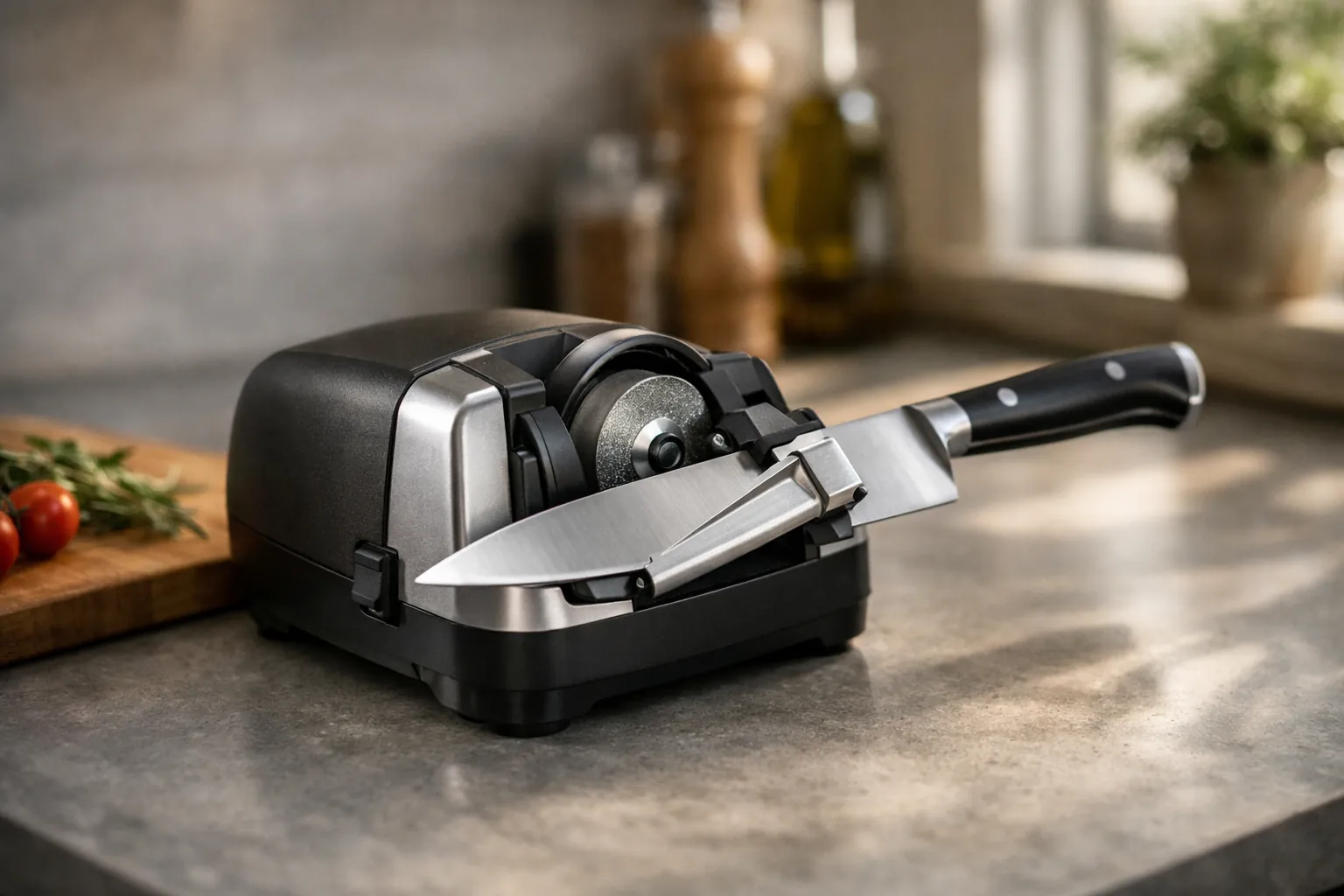 A compact countertop knife sharpening machine with a chef's knife in its angle guide
