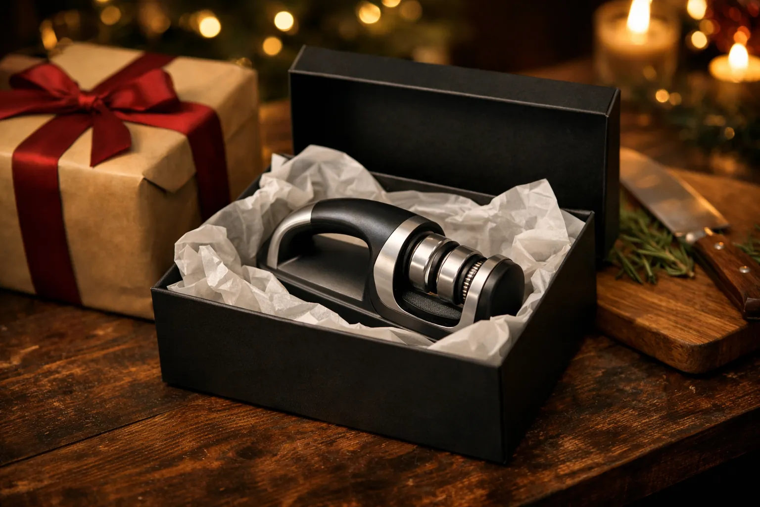 A rolling knife sharpener in an open gift box on a holiday table
